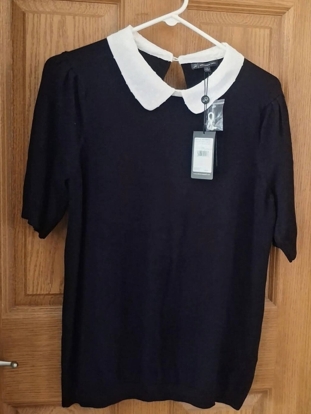 Adrianna Papell Short Sleeve Peter Pan Collar Sweater Knit Top